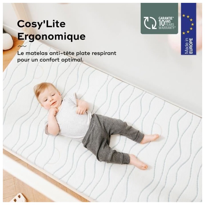 Matelas Cosy'Lite Ergonomique BABYMOOV, anti-tete plate, respirant, 70