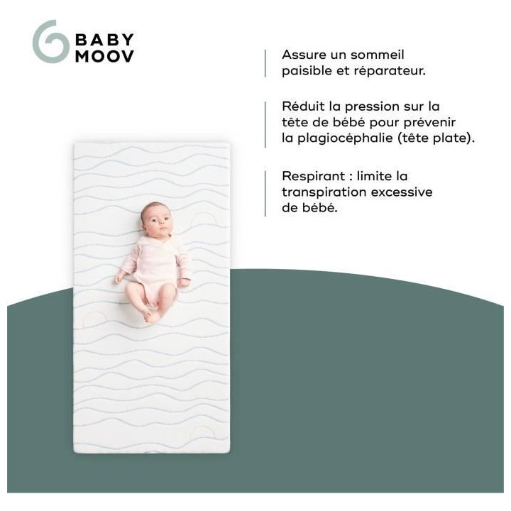Matelas Cosy'Lite Ergonomique BABYMOOV, anti-tete plate, respirant, 70