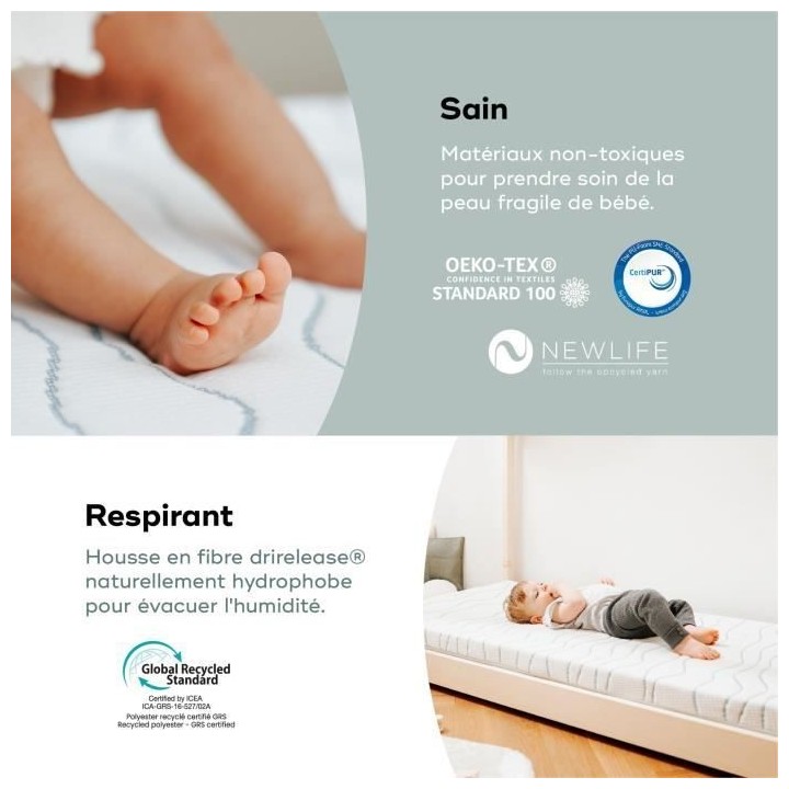 Matelas Cosy'Lite Ergonomique BABYMOOV, anti-tete plate, respirant, 70