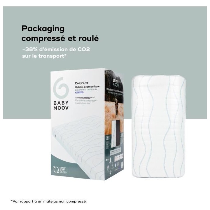 Matelas Cosy'Lite Ergonomique BABYMOOV, anti-tete plate, respirant, 70