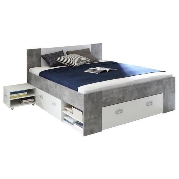 UDINE Lit adulte 140x200 cm 3 tiroirs + chevet - Blanc et décor béto