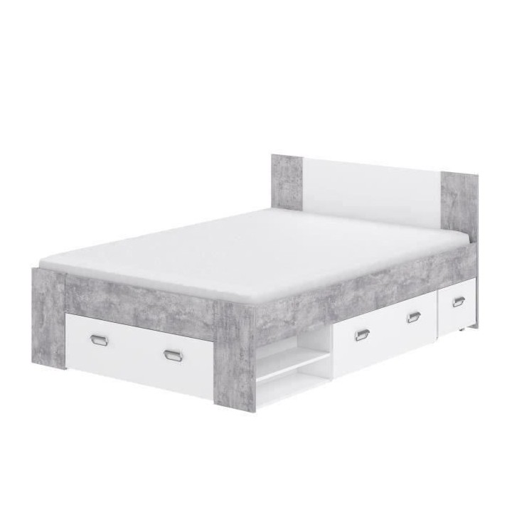 UDINE Lit adulte 140x200 cm 3 tiroirs + chevet - Blanc et décor béto