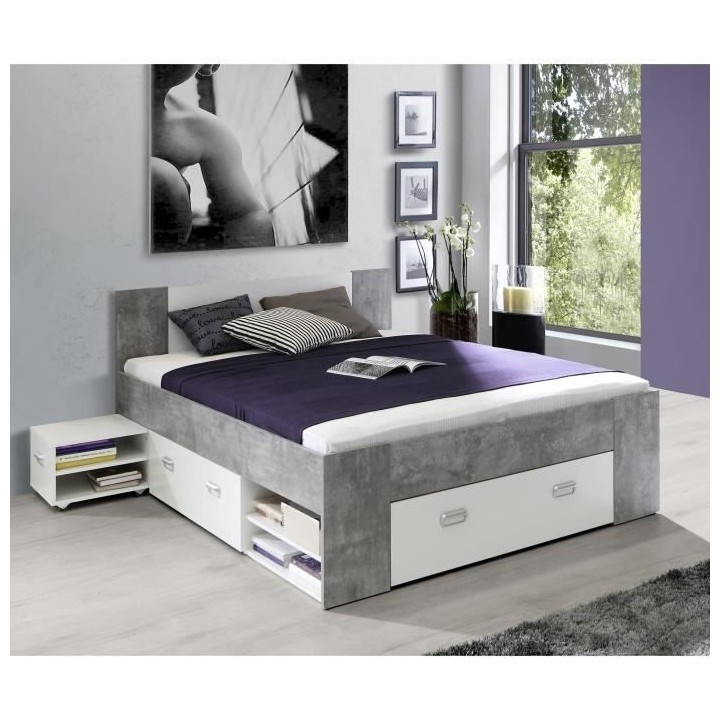 UDINE Lit adulte 140x200 cm 3 tiroirs + chevet - Blanc et décor béto