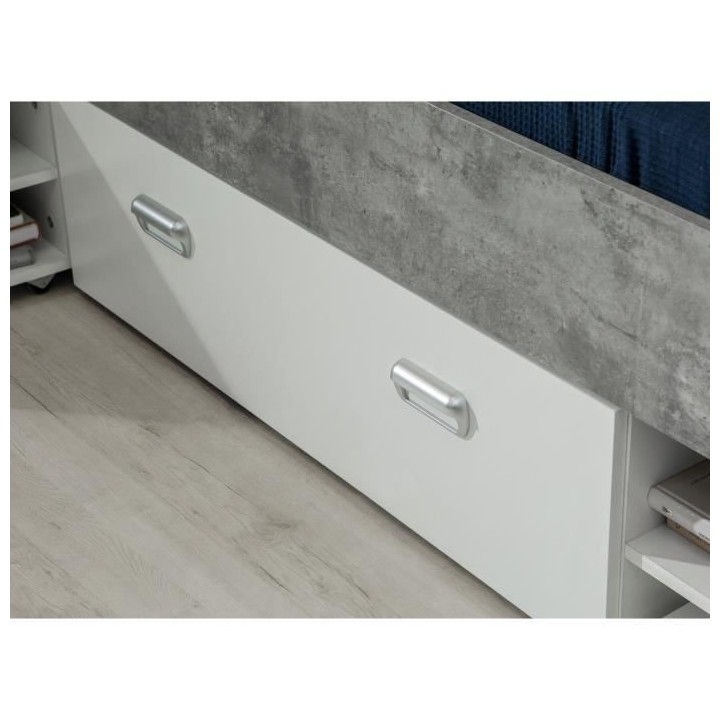 UDINE Lit adulte 140x200 cm 3 tiroirs + chevet - Blanc et décor béto