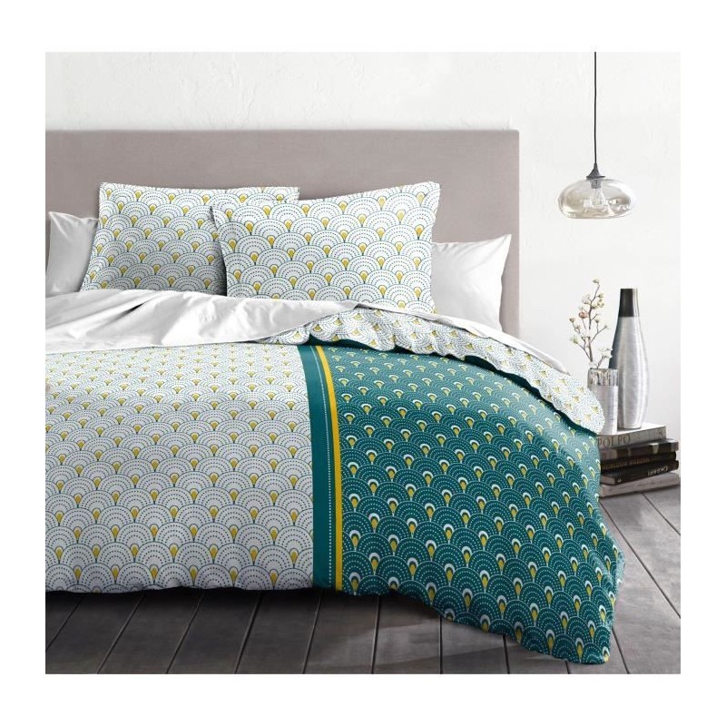 HOME LINGE PASSION Parure de couette Rainbow - 1 housse de couette 220 x 240 cm + 2 taies 65 x 65 cm - Bleu-vert , curry et blan