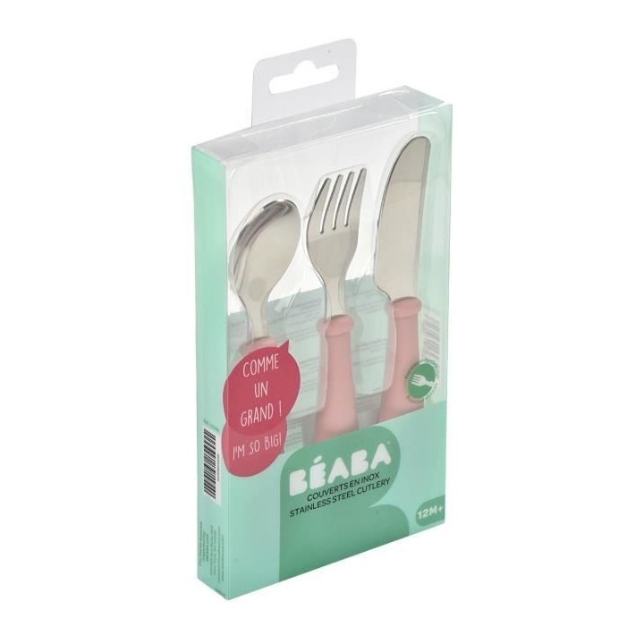 BEABA, Set de 3 couverts inox old pink