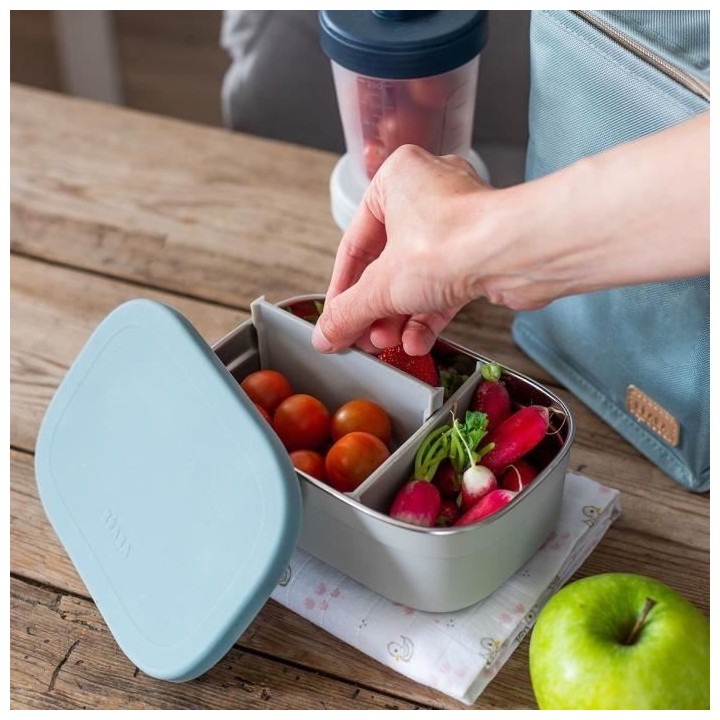 BEABA, Boîte repas enfant en inox, couvercle en silicone et housse de