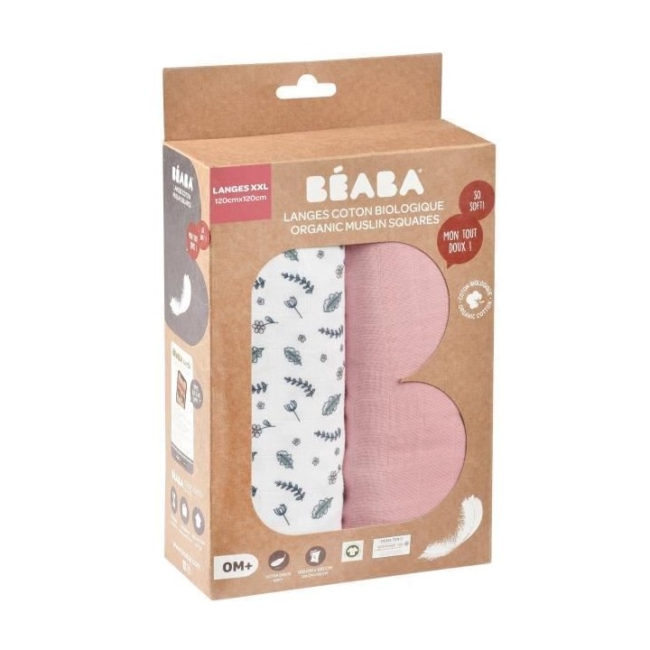 BEABA, Boîte 2 LANGES 120cm - Vieux Rose / Campagne Florale