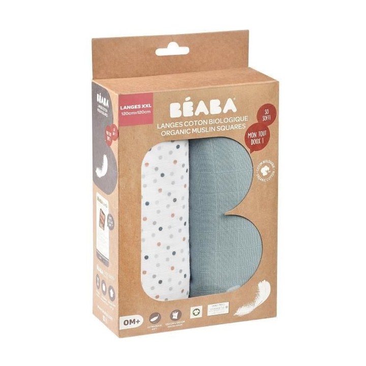 BEABA Lot de 2 langes bébé en mousseline de coton biologique, multi-