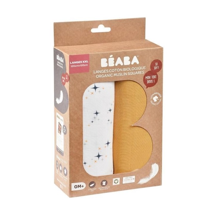 BEABA, Boîte 2 LANGES 120cm - Jaune Miel / Nuit étoilée