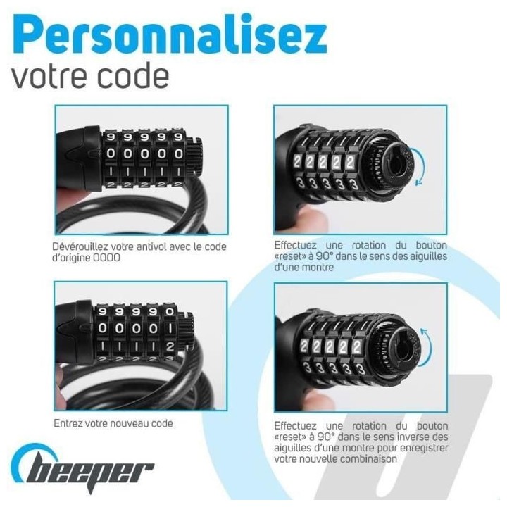 Antivol trottinette et vélo - BEEPER - Câble 60 cm - Code 4 chiffres