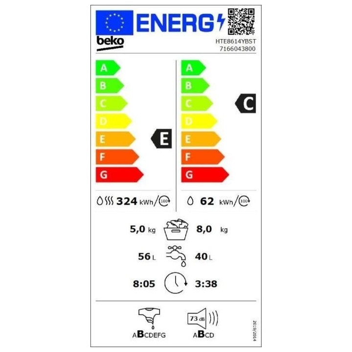 Lave-linge séchant BEKO HTE8614YBST - 8 / 5 kg - Induction - 1200 trs