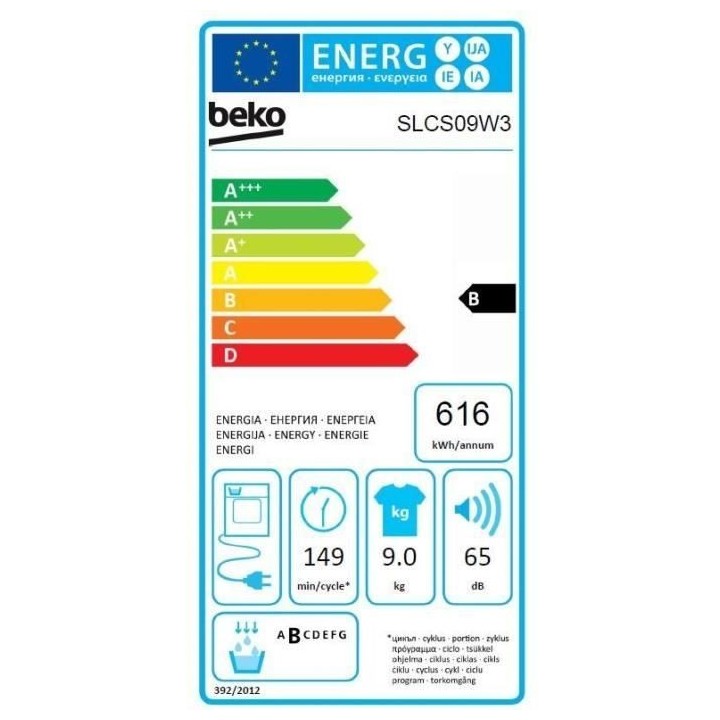 Seche-linge a condensation BEKO SLCS09W3 - 9 kg - L60cm - Classe B - B