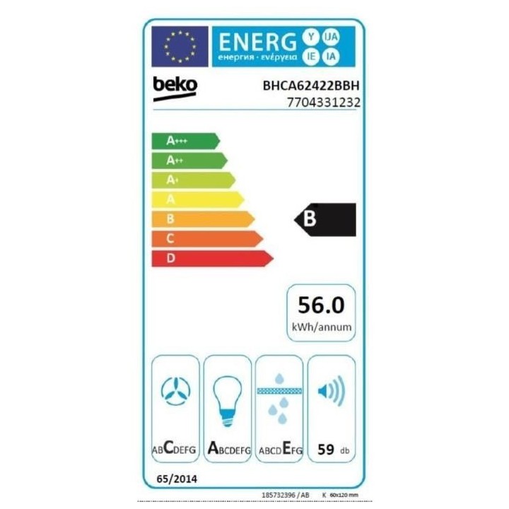 Hotte murale BEKO BHCA62422BBH - 60 cm