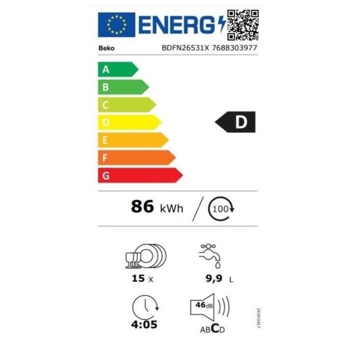 Lave-vaisselle pose libre BEKO BDFN26531X - 15 couverts - L60cm - 46dB