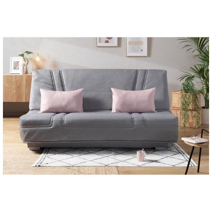COMFORT BULTEX Banquette clic clac - Tissu Gris + Coussins déco rose