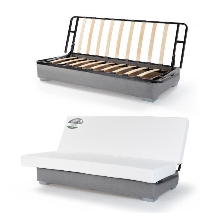 COMFORT BULTEX Banquette clic clac - Tissu Gris + Coussins déco rose