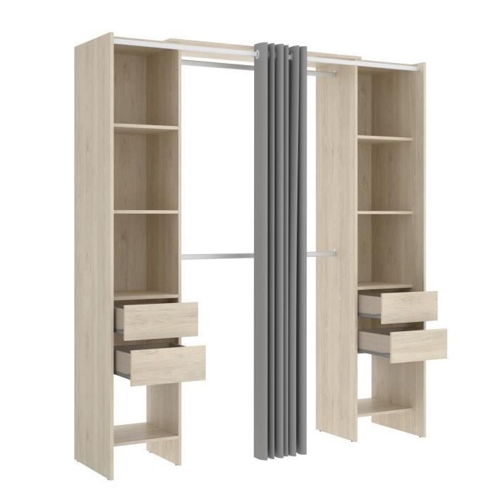 Kit dressing extensible avec rideau et 4 tiroirs - Décor chene nature