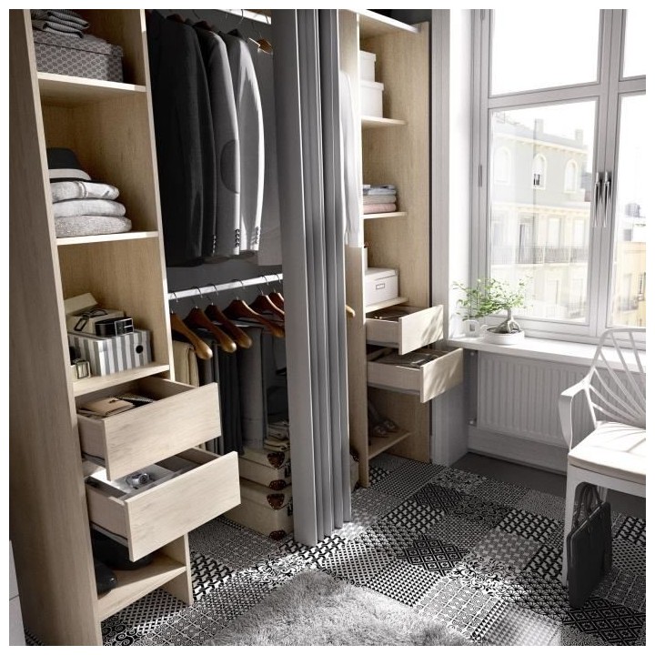 Kit dressing extensible avec rideau et 4 tiroirs - Décor chene nature