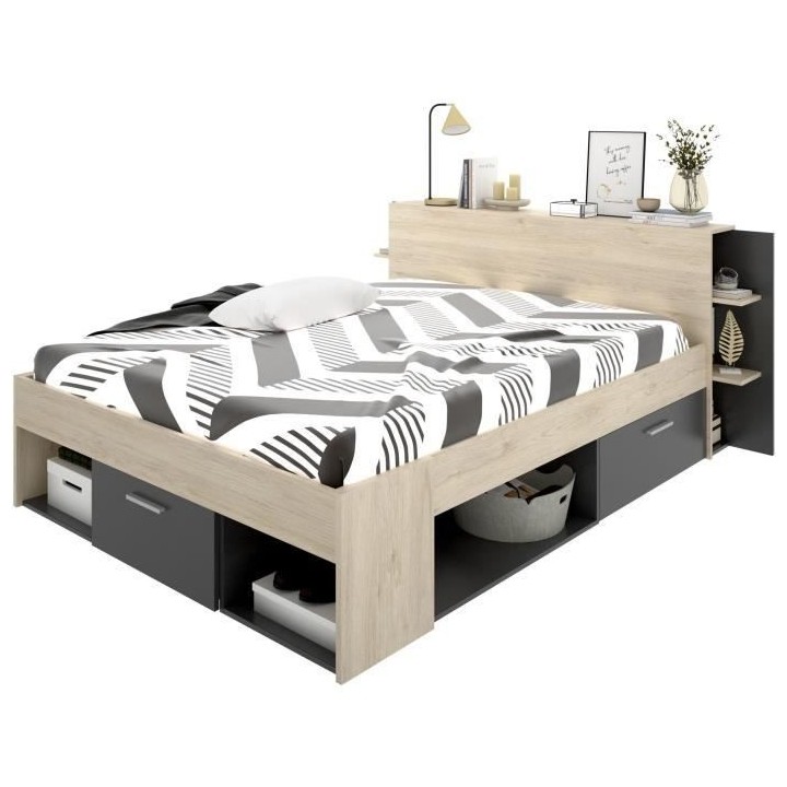 SAX Lit adulte - 140x190 cm - 3 tiroirs + Tete de lit avec rangement -