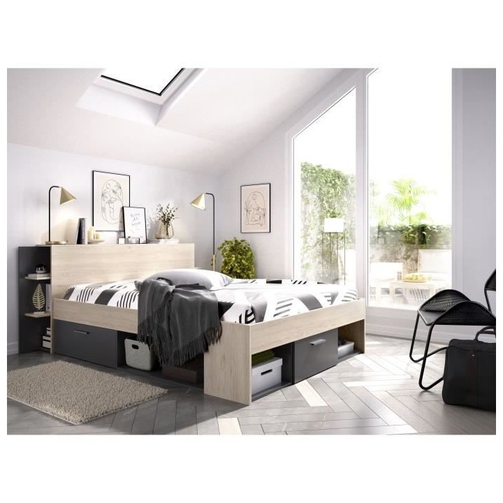 SAX Lit adulte - 140x190 cm - 3 tiroirs + Tete de lit avec rangement -