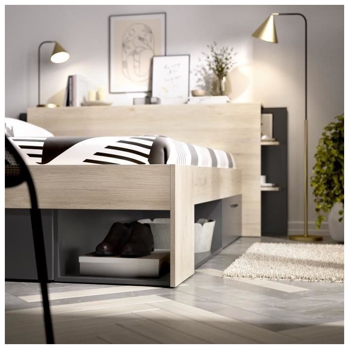 SAX Lit adulte - 140x190 cm - 3 tiroirs + Tete de lit avec rangement -