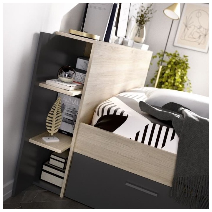 SAX Lit adulte - 140x190 cm - 3 tiroirs + Tete de lit avec rangement -