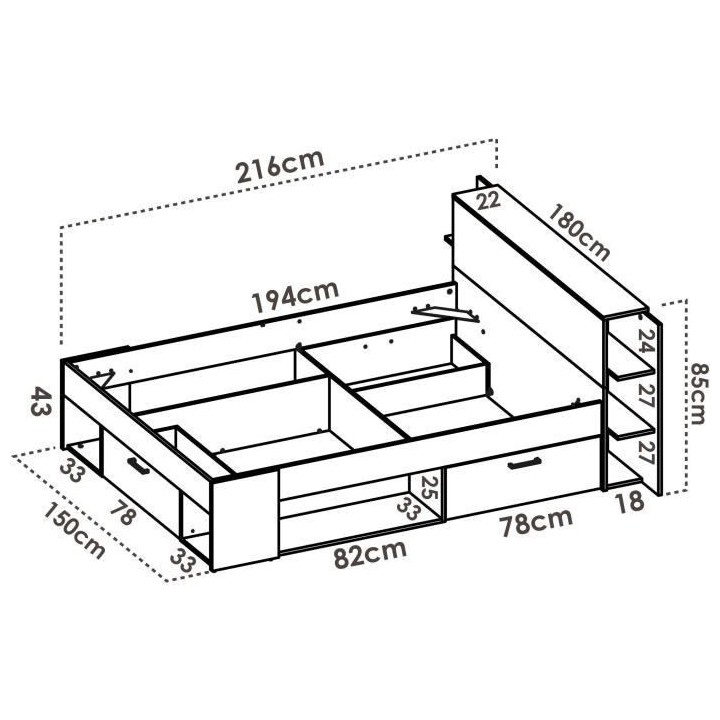 SAX Lit adulte - 140x190 cm - 3 tiroirs + Tete de lit avec rangement -