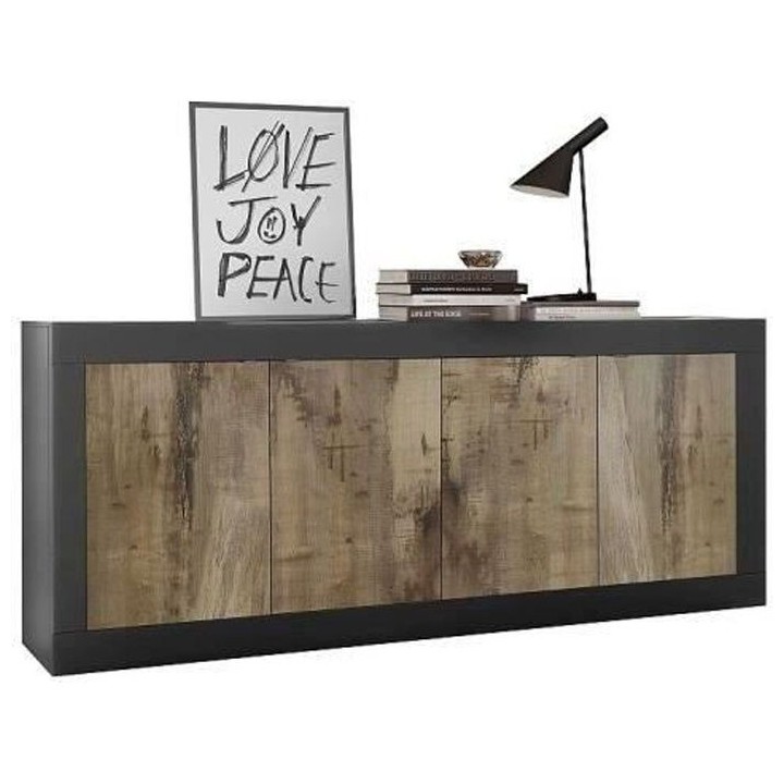Buffet BASICO - Décor Noir mat et Chene Pero - 4 Portes - L 207 x P 4