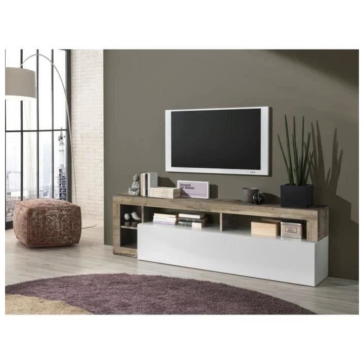 Meuble TV 1 porte - Finition Blanc Laqué et Effet Bois Vintage - L 18