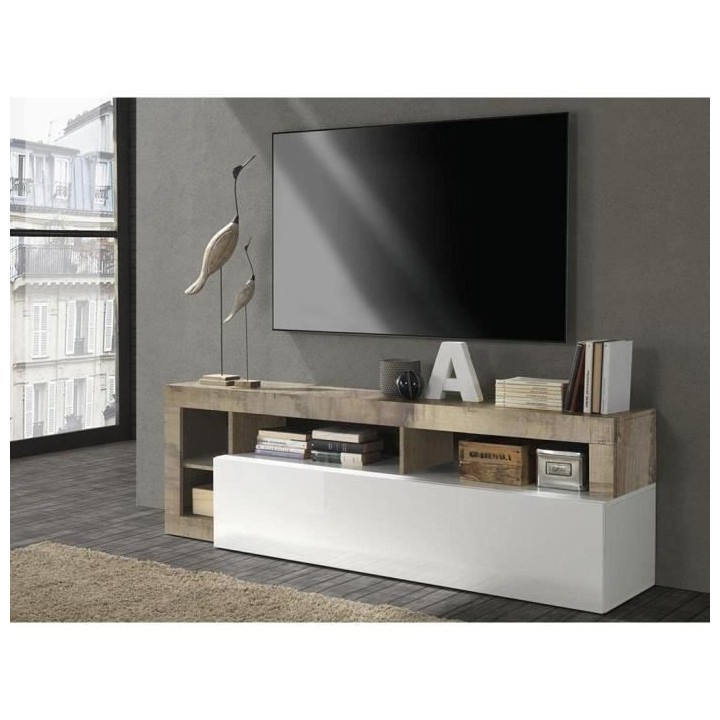 Meuble TV 1 porte - Finition Blanc Laqué et Effet Bois Vintage - L 18