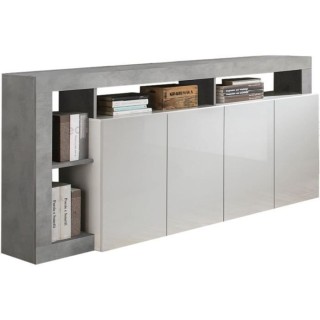 Buffet MAESTRO - Décor béton et blanc laqué brillant - 4 portes - L