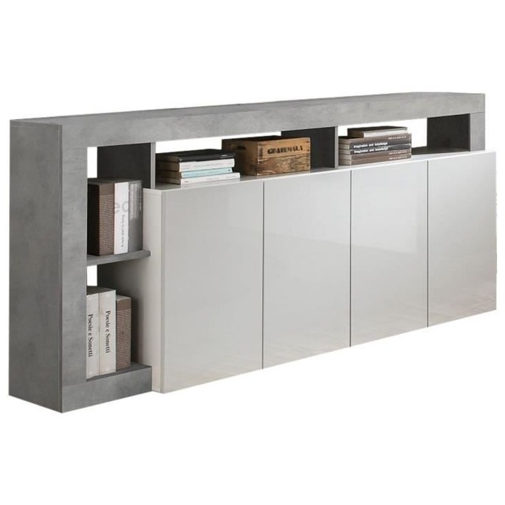 Buffet MAESTRO - Décor béton et blanc laqué brillant - 4 portes - L