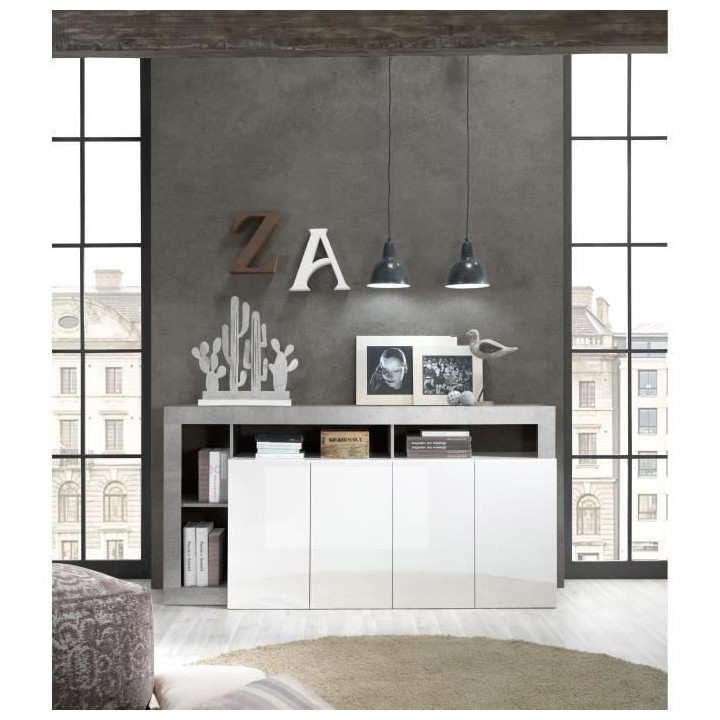 Buffet MAESTRO - Décor béton et blanc laqué brillant - 4 portes - L