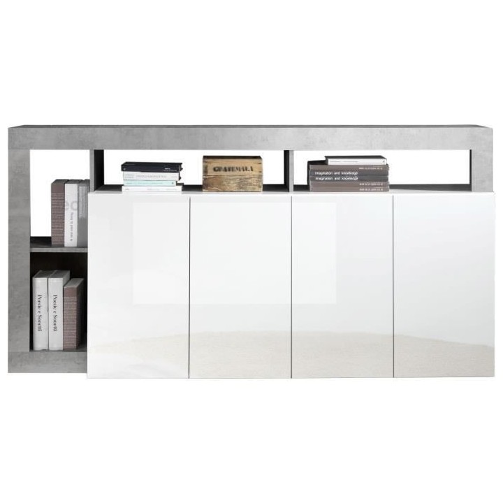 Buffet MAESTRO - Décor béton et blanc laqué brillant - 4 portes - L