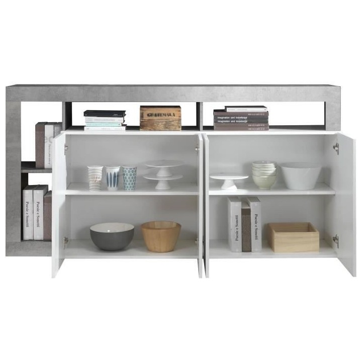 Buffet MAESTRO - Décor béton et blanc laqué brillant - 4 portes - L