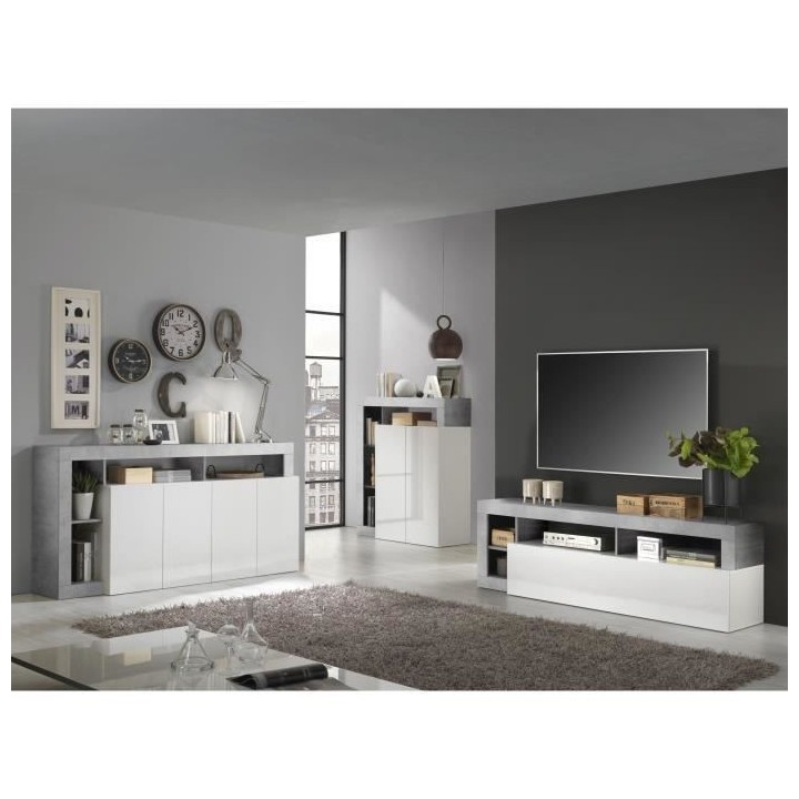 Buffet MAESTRO - Décor béton et blanc laqué brillant - 4 portes - L