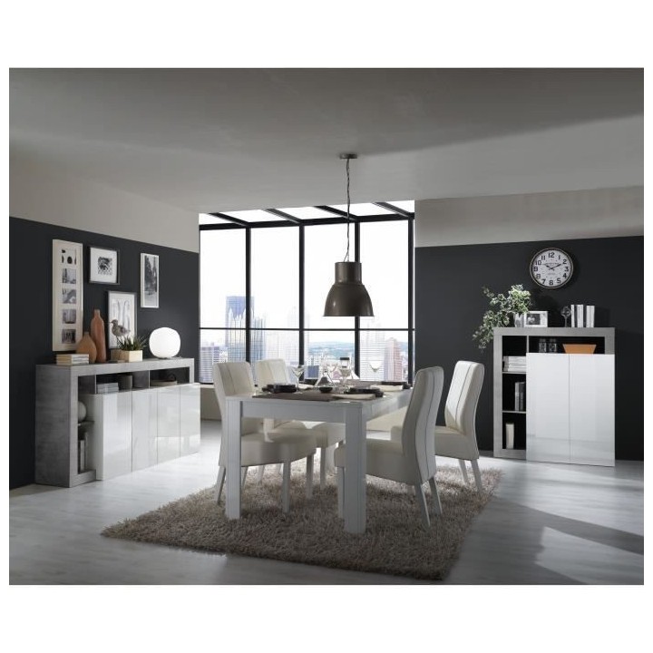 Buffet MAESTRO - Décor béton et blanc laqué brillant - 4 portes - L