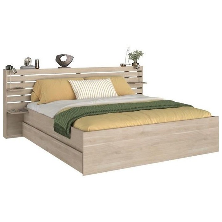 Lit adulte ESCALE 180x200 cm - Décor chene du Japon - 2 tiroirs + Tet