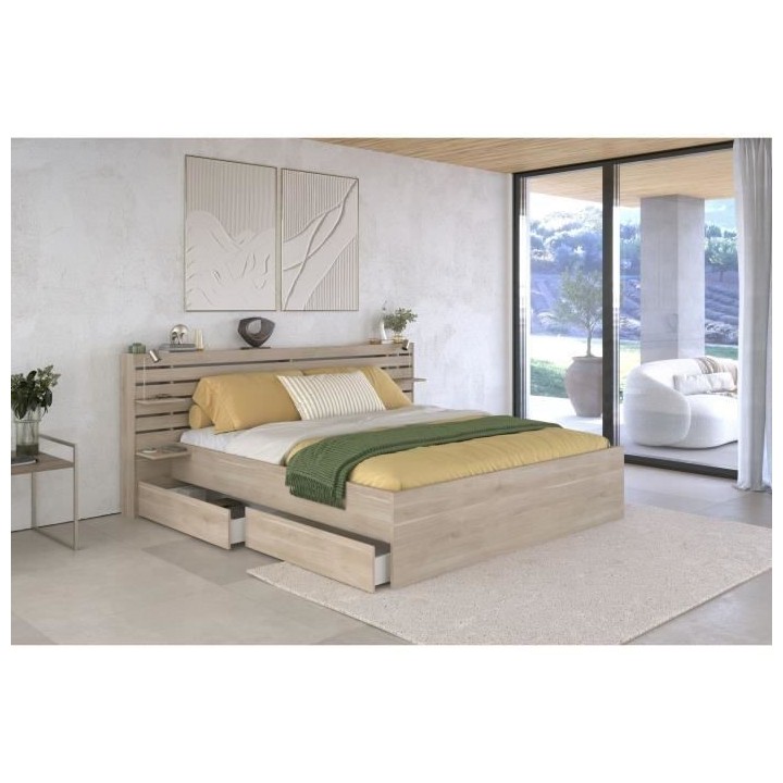 Lit adulte ESCALE 180x200 cm - Décor chene du Japon - 2 tiroirs + Tet