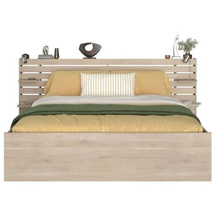 Lit adulte ESCALE 180x200 cm - Décor chene du Japon - 2 tiroirs + Tet