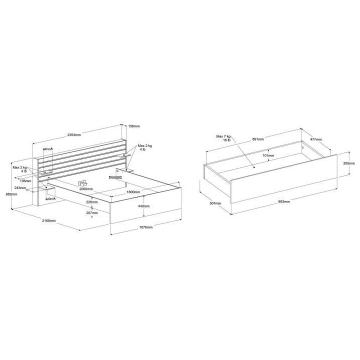 Lit adulte ESCALE 180x200 cm - Décor chene du Japon - 2 tiroirs + Tet