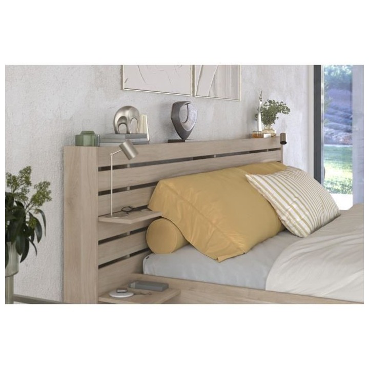 Lit adulte ESCALE 180x200 cm - Décor chene du Japon - 2 tiroirs + Tet