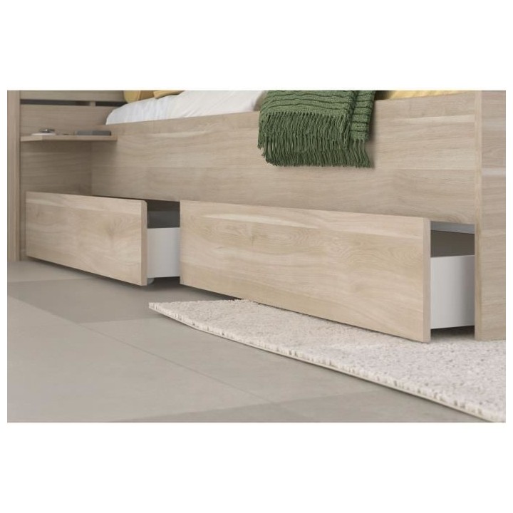 Lit adulte ESCALE 180x200 cm - Décor chene du Japon - 2 tiroirs + Tet