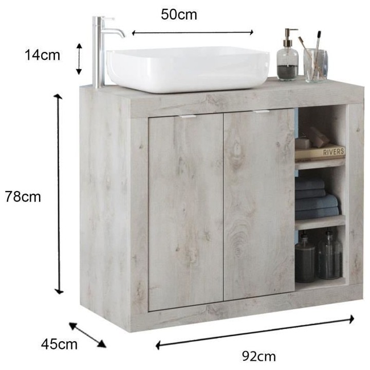 ROME Ensemble Meuble salle de bain L 92 + vasque + 2 Portes + 3 niches