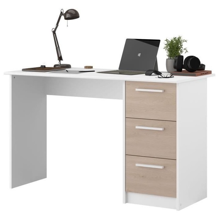 Bureau ESSENTIEL PARISOT 3 tiroirs - Décor chene et blanc - L 121,2 x