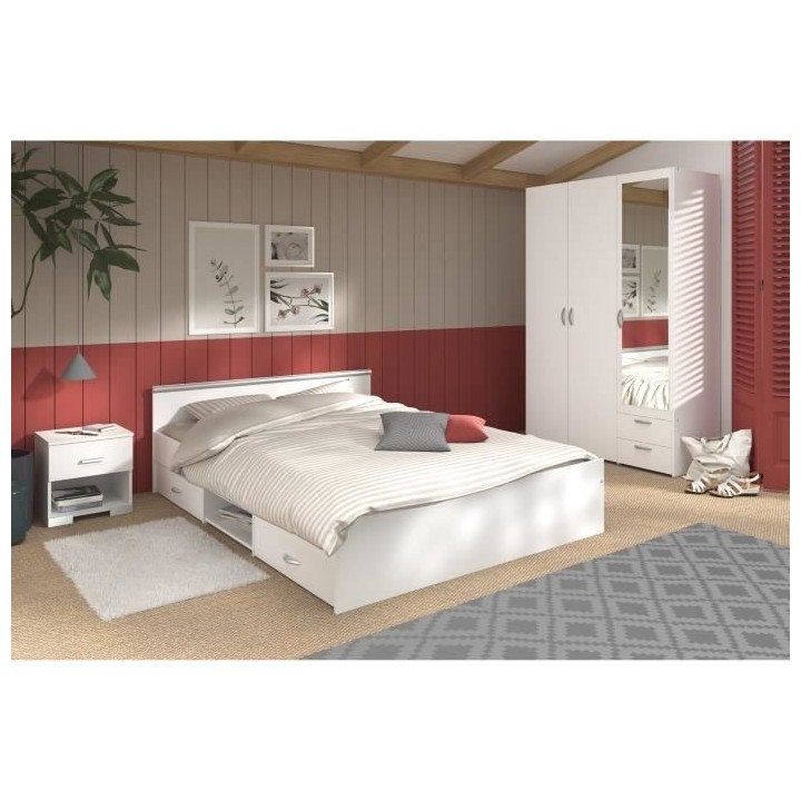 Chambre complete adulte: Lit 160 x 200 cm + armoire 3 portes et 2 tiro