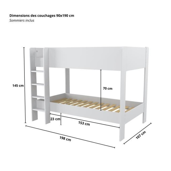 HOPE Lit superposé - 90 x 190 cm - Décor Blanc - Sommiers inclus
