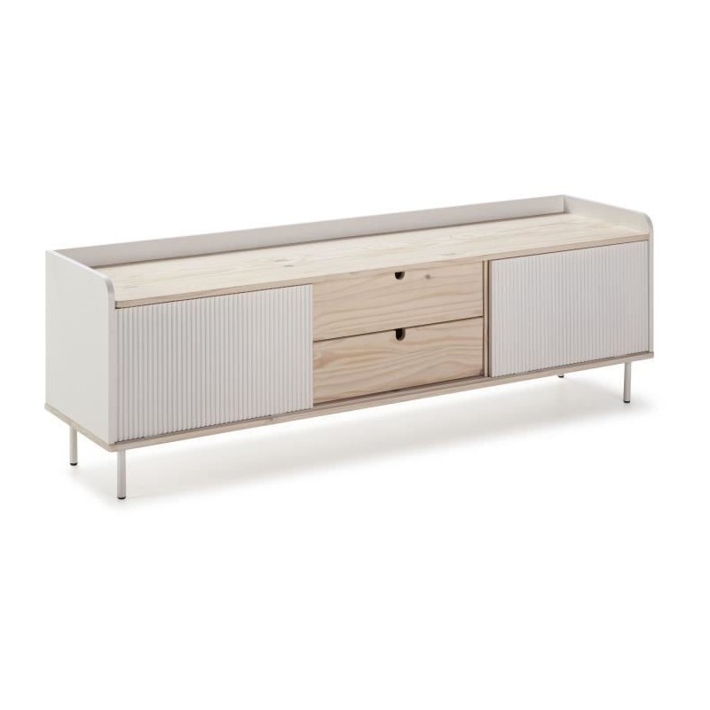 Meuble TV HORIZON portes coulissantes 2 tiroirs- métal Blanc et chene blanchi - scandinave moderne - L160XP40XH52cm