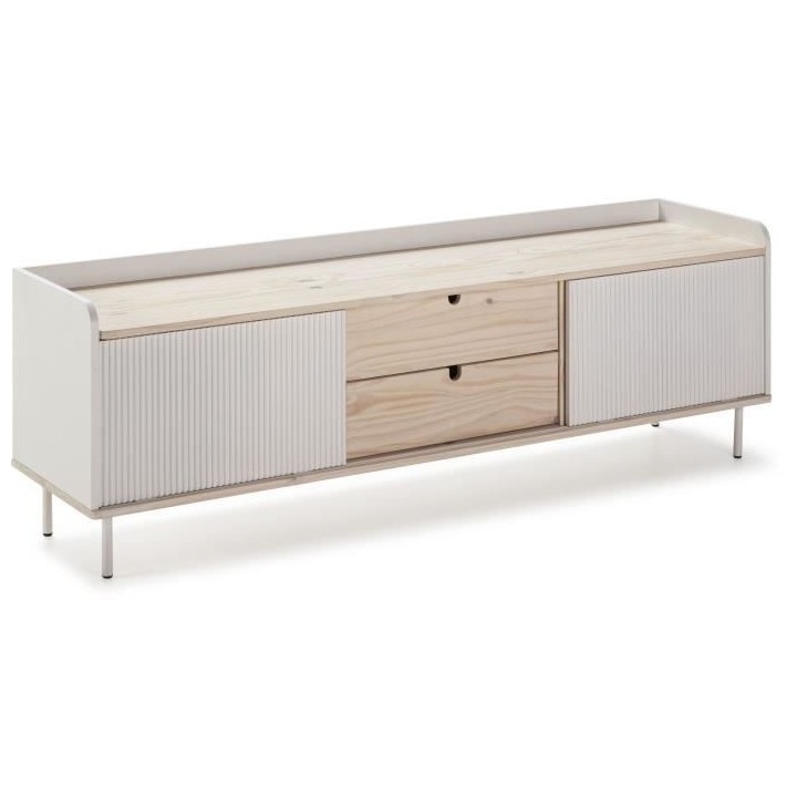 Meuble TV HORIZON portes coulissantes 2 tiroirs- métal Blanc et chene